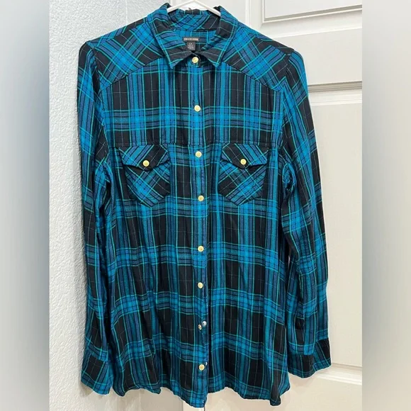 True Religion gold zippered blue plaid shirt - Picture 3 of 10